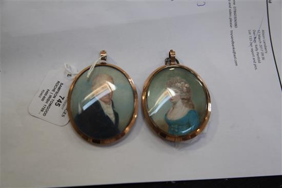 Sampson Towgood Roche (Irish 1759-1847) Miniatures of a lady and gentleman 2.75 x 2.25in., gold locket frames with hair backs